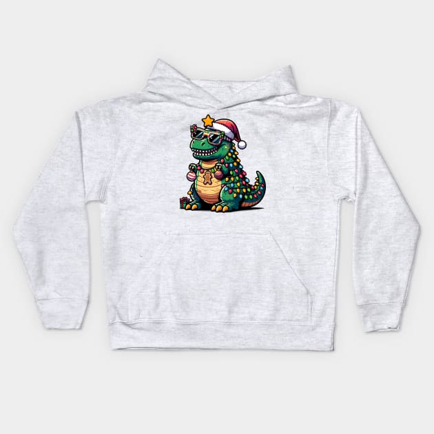 Tree-Rex Holiday Dinosaur - Christmas Tree T-Rex TreeRex Pun with Santa Hat, Lights and Ornaments Kids Hoodie by Lunatic Bear